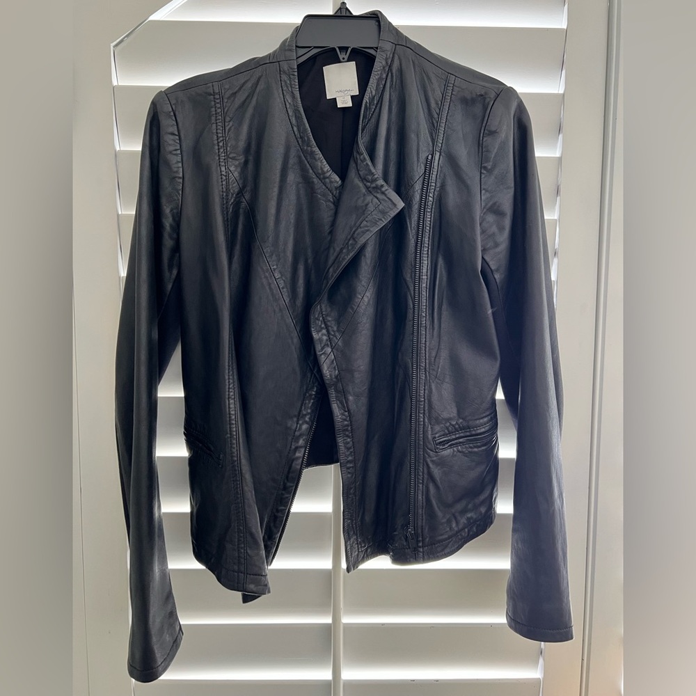 Halogen Black Leather Jacket with Asymmetric Zip Detail